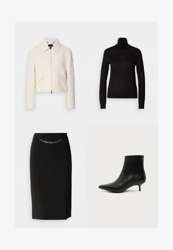 Afskåret jakke i off-white struktureret stof, med en stiv krave og sidelommer, samt en lynlåslukning foran og minimal hardware.; Sort turtleneck sweater lavet af et let strikket stof. Har lange ærmer og en tætsiddende silhuet med raglan-sømme.; Sort blyantskirt med et lille slids, der har en guld kædedetalje ved livet. Lavet af et glat, strækbart stof for komfort.; Sort læder ankelstøvle med spids tå og lav kitten hæl på lys baggrund, der viser yderside.
