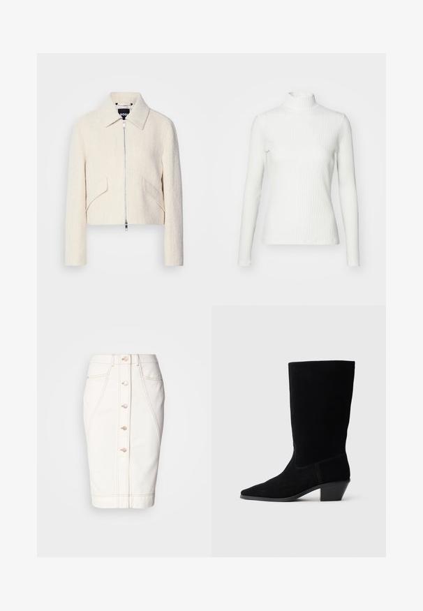 Chaqueta corta en tejido texturizado color blanco roto, con cuello alzado y bolsillos laterales, que cuenta con un cierre de cremallera frontal y un hardware minimalista.; Top de cuello alto blanco con canalé y mangas largas, fabricado en una tela elástica. Presenta un diseño ajustado y un escote alto para mayor cobertura.; Falda de mezclilla blanca con cierre de botones en la parte delantera, costuras visibles y silueta de lápiz. Sin bolsillos visibles. Textura suave.; Botín de ante negro hasta el tobillo con punta afilada, caña de altura media y tacón grueso. Presenta costuras mínimas y una textura suave.