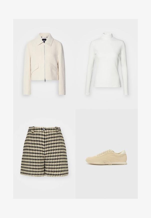 Chaqueta corta en tejido texturizado color blanco roto, con cuello alzado y bolsillos laterales, que cuenta con un cierre de cremallera frontal y un hardware minimalista.; Top de cuello alto blanco con canalé y mangas largas, fabricado en una tela elástica. Presenta un diseño ajustado y un escote alto para mayor cobertura.; BOSS TASETO - Shorts - black/off-white; Zapatillas de ante beige con diseño de cordones, parte superior texturizada, suela de goma en contraste y un leve tacón. Estilo minimalista con un sutil branding.
