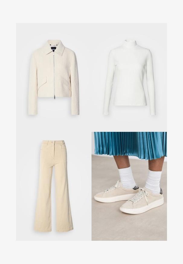 Veste courte en tissu texturé blanc cassé, avec col montant et poches latérales, fermeture éclair à l'avant et quincaillerie minimaliste.; Haut col roulé blanc à côtes avec des manches longues, fabriqué en tissu extensible. Présente un design ajusté et un encolure haute pour plus de couverture.; Jeans beige à jambes larges avec taille haute, poches avant, et couture contrastée, dotés d'une fermeture à bouton et d'une texture en coton lisse.; Des baskets en daim beige avec une semelle en caoutchouc blanc et un design à lacets. Accent ué d'un arrière en tab noir texturé. Portées avec des chaussettes blanches côtelées.