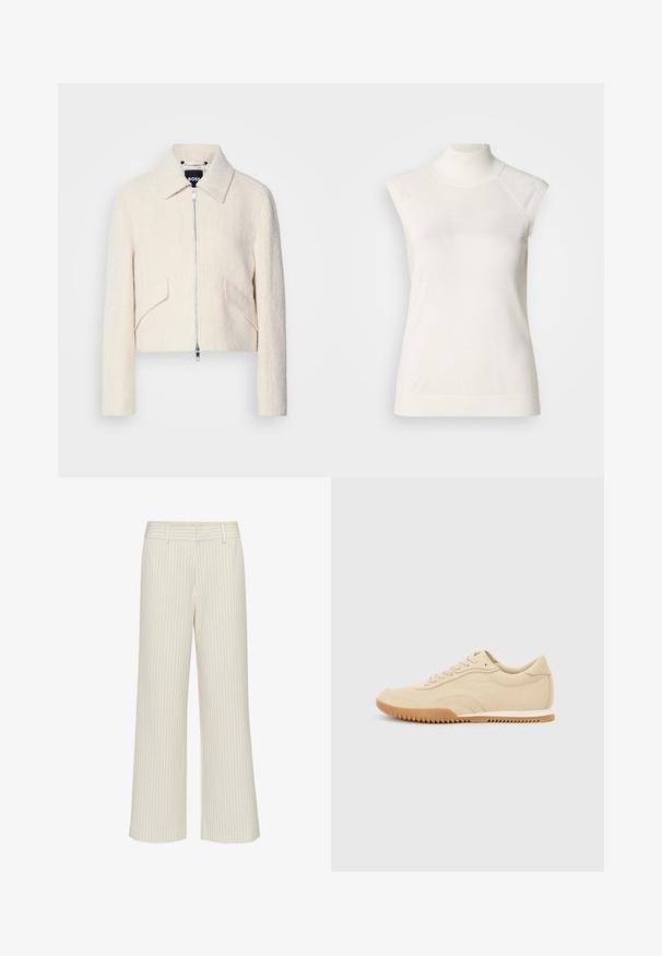 Zúžená bunda v off-white štruktúrovanej látke, s stojatým golierom a bočnými vreckami, s predným zipsom a minimálnym kovovým vybavením.; Biele tielkové tričko s rolákom z mäkkého materiálu; má priliehavý strih s vysokým golierom a jemnou rebrovanou textúrou na spodnom okraji.; Široké nohavice v krémovej látke s jemnými vertikálnymi pruhmi, s plochým pásom a pútkami na opasok. Hladká textúra bez vreciek.; Béžové kožené tenisky s nízkym profilom, textúrovanými povrchmi a gumovou podrážkou s cik-cak vzorom pre lepšiu trakciu.