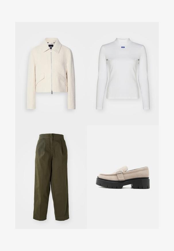 Zúžená bunda v off-white štruktúrovanej látke, s stojatým golierom a bočnými vreckami, s predným zipsom a minimálnym kovovým vybavením.; Biely dlhý rukáv turtleneck top vyrobený z elastického materiálu, s priliehavým strihom a malým modrým logom na hrudi.; olivovo zelené široké nohavice s vysokým pásom, so záhybmi vpredu a ohrnutými lemami. Vyrobené z ľahkej tkaniny s hladkou textúrou.; Béžový semišový mokasín so striebornou sponou a hrubou čiernou robustnou podrážkou, bočný pohľad na bielom pozadí.