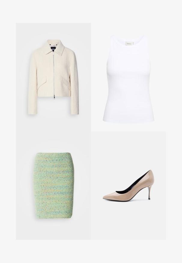 Afskåret jakke i off-white struktureret stof, med en stiv krave og sidelommer, samt en lynlåslukning foran og minimal hardware.; Hvid ribbet tanktop med rund halsudskæring og uden ærmer. Strækbart stof og tætsiddende design. Etiketten bagpå viser "GESTUZ."; Knelang nederdel lavet af struktureret, pletret stof i pastelfarvet grøn med nuancer af blå, orange og lilla.; Beige laklæder peep-toe højhælet sko med smal stilet-hæl og sort inderfor på hvid baggrund.