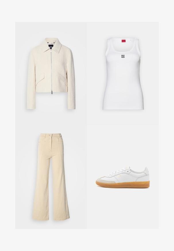 Veste courte en tissu texturé blanc cassé, avec col montant et poches latérales, fermeture éclair à l'avant et quincaillerie minimaliste.; Débardeur blanc en coton, avec un design simple, un col rond et un logo "HUGO" noir au centre. Texture lisse.; Jeans beige à jambes larges avec taille haute, poches avant, et couture contrastée, dotés d'une fermeture à bouton et d'une texture en coton lisse.; Baskets en cuir blanc avec des accents en suédine beige, semelle en caoutchouc gomme et design à lacets. Présente un logo discret en doré.