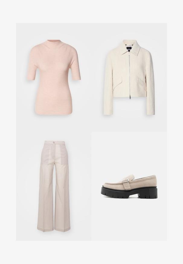 Zúžená bunda v off-white štruktúrovanej látke, s stojatým golierom a bočnými vreckami, s predným zipsom a minimálnym kovovým vybavením.; Svetloružový krátky rukáv top s vysokým výstrihom, s textúrovaným rebrovaným vzorom na neutrálnom pozadí.; Béžové nohavice so širokými nohavicami vyrobené z ľahkej tkaniny, ktoré majú vysoký pás, jediné predné zapínanie na gombík a jemnú textúru.; Béžový semišový mokasín so striebornou sponou a hrubou čiernou robustnou podrážkou, bočný pohľad na bielom pozadí.