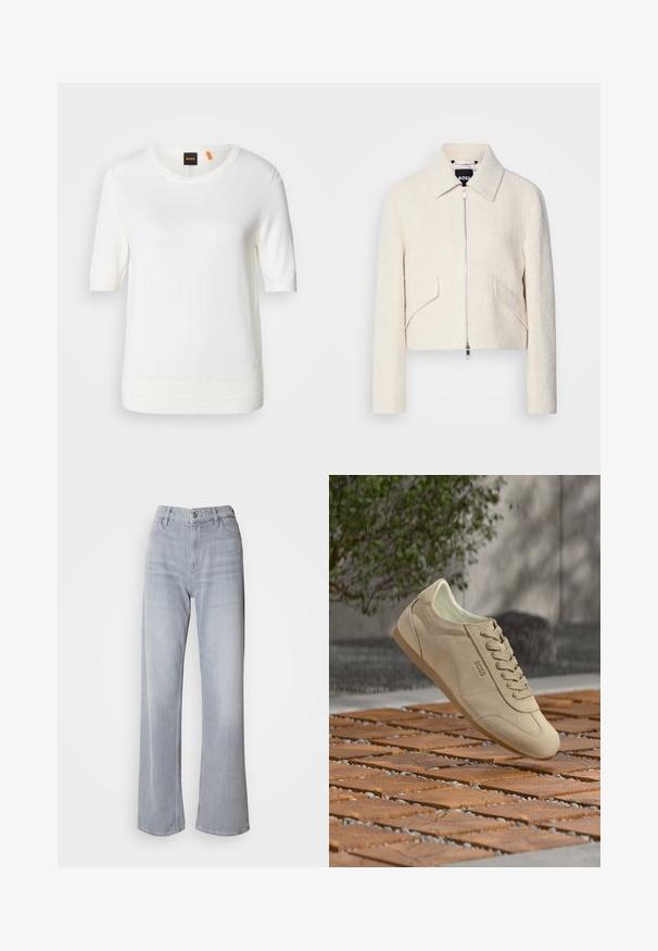 Chaqueta corta en tejido texturizado color blanco roto, con cuello alzado y bolsillos laterales, que cuenta con un cierre de cremallera frontal y un hardware minimalista.; Top de punto blanco de manga corta con escote redondo, dobladillo acanalado y textura suave. Etiqueta con logo en la parte del cuello en color naranja.; Jeans de pernera ancha en gris claro, con cintura alta, hechos de denim. Presentan bolsillos frontales, cremallera y un leve desvanecimiento por toda la prenda.; Zapatilla beige de ante con cordones y logo "BOSS", flotando sobre una superficie de baldosas con vegetación y sombras en el fondo.