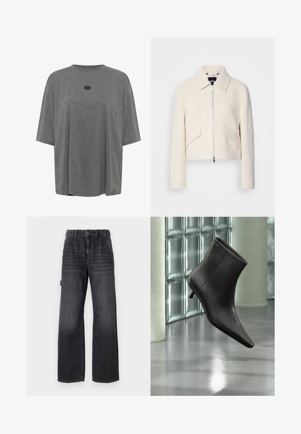 Veste courte en tissu texturé blanc cassé, avec col montant et poches latérales, fermeture éclair à l'avant et quincaillerie minimaliste.; T-shirt oversize gris en tissu doux. Présente un col rond, des manches courtes et un logo subtil au centre.; Jean large en denim gris foncé, avec une taille haute, des poches avant et un léger délavage sur les cuisses. Détail de couture contrastée.; Bottine en cuir noir avec bout pointu et petit talon, présentée devant un mur en blocs de verre et un sol poli.