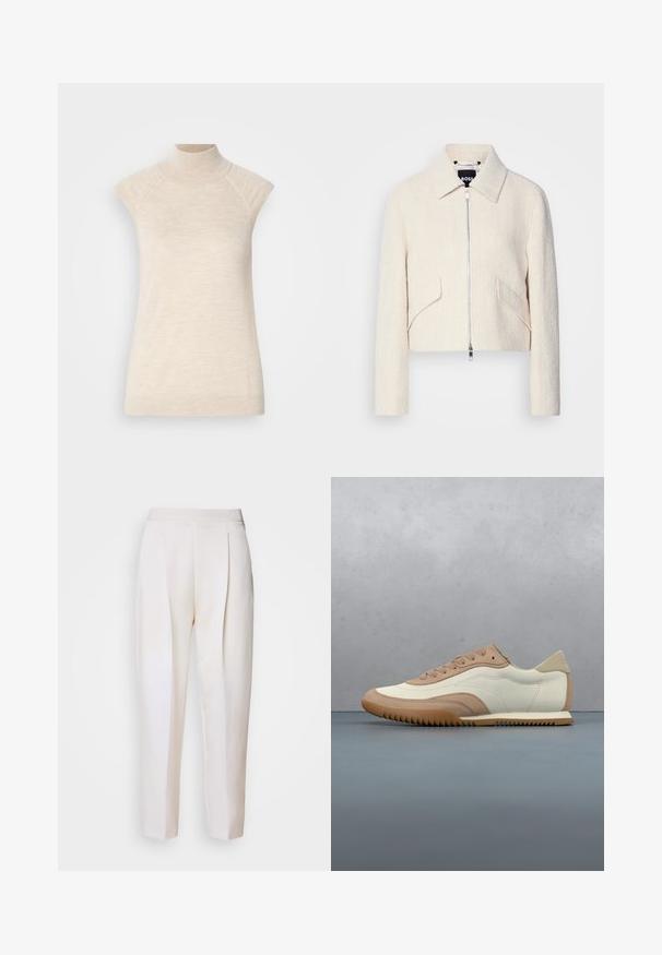 Gekürzte Jacke aus cremefarbenem, strukturiertem Stoff, mit Stehkragen und seitlichen Taschen, vorn mit Reißverschluss und minimalem Metallzubehör.; Beige, ärmelloses Top mit hohem Kragen, aus weichem, strukturiertem Stoff. Verfügt über Raglanärmel und eine taillierte Silhouette. Eignet sich gut für Schichtlooks.; Helle, maßgeschneiderte Hosen aus einem glatten Material, mit vorderen Falten und einem eleganten Design. Keine sichtbaren Taschen oder Beschläge.; Beige-weißer Sneaker mit einer strukturierten Oberseite, Schnürsenkeln und einer Gummisohle, präsentiert über einer Holzfläche mit Kieselsteinen.