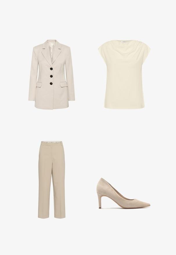 Beige skræddersyet blazer lavet af letvægtsstof. Har hakede revers, fire sorte knapper og to forlommer.; Cremefarvet top med løs pasform, korte oprullede ærmer og draperet halsudskæring. Blød, glat stof med en subtil glans.; Beige skræddersyede bukser med lige ben, med bæltestropper og en skjult frontlukning, præsenteret på en hvid baggrund.; Beige ruskind højhælede sko med spids tå og en 7 cm hæl. Glat tekstur, minimalistisk design og en strømlinet silhuet.