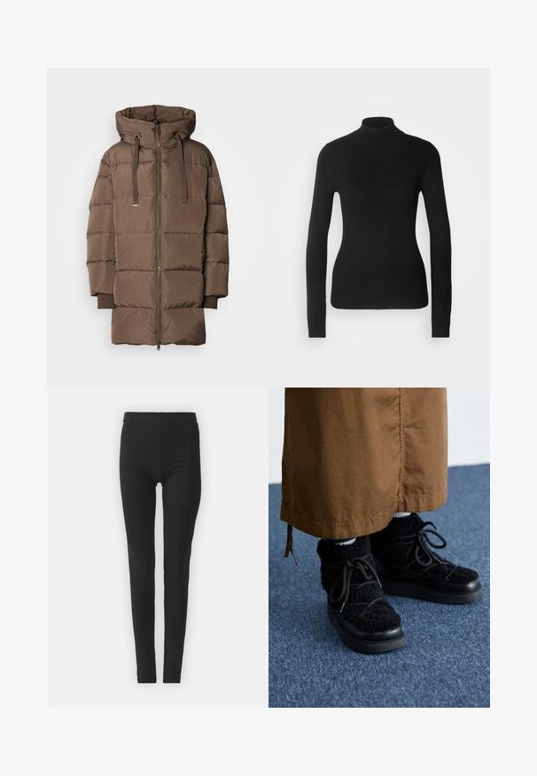 Mos Mosh MMNOVA AVON DOWN JACKET - Talvemantel - chocolate chip; Mustem turtleneck-sviiter, mis on valmistatud kerge kudumiskangast. Omab pikki varrukaid, slim-fit lõiget ja pehmet soonikut.; Mustad, venivad retuusid, mis on tihedalt sobivad, kõrge vöökohaga ja sileda tekstuuriga. Ilma nähtavate mustrite või riistade detailideta.; Mustad fliisidega mustad spordijalatsid platvormi tallaga, millel on nöörid, pehme tekstuur ja ümar varvas. Kombineeritud pruuni kangaga all.