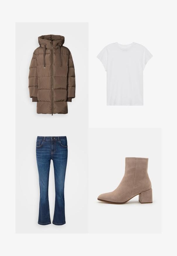 Mos Mosh MMNOVA AVON - Daunenjacke - chocolate chip; Weißes kurzärmliges T-Shirt mit Rundhalsausschnitt, lockerer Passform, aus weichem Baumwollstoff. Glatte Textur, keine Muster oder Logos.; Mos Mosh ASHLEY IMERA - Jeans Straight Leg - dark blue; Beige Wildleder-Stiefelette mit spitzer Zehe und chunky quadratischem Absatz. Die Oberfläche ist glatt mit einer sanften Textur und minimaler Verzierung.