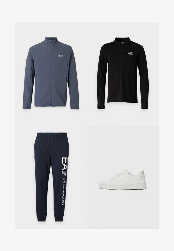 Tume sinine lukuga jope kõrge kraega ja EA7 Emporio Armani logo vasakul rinnal ning vasaku ülavarruka peal.; Must värvusega pikkade varrukatega polo särk, mis on valmistatud puuvillast, omades kolmest nööbist koosnevat taljeosa ja valget tikandiga logo vasakul rinnal.; Tumedate sinised puuvillased dressipüksid, millel on elastne vöökoht, kitsenevad sääred ja kontrastsed valged EA7 ja Emporio Armani logod trükituna küljele.; Valge nahast tennis, millel on sile põhi, ümar varvas, lamedad nöörid ja tekstuuriline tall. Sisaldab diskreetset logo kontsaribal.