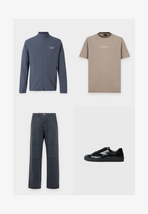 Tmavomodrá vetrovka na zips s vysokým golierom a logom EA7 Emporio Armani na ľavej strane hrude a ľavom hornom rukáve.; Hnedé bavlnené tričko s krátkymi rukávmi a okrúhlym golierom. Má kontrastný tmavohnedý golier a biely nápis "EMPORIO ARMANI".; Tmavé šedé džínsy so širokým strihom, s dekoratívnymi nášivkami na prednej strane s jemným kvetinovým vzorom a štandardným detailom vreciek.; Čierne lakované kožené tenisky s okrúhlou špičkou, viazaním, textúrovanou gumenou podrážkou a hladkým povrchom.
