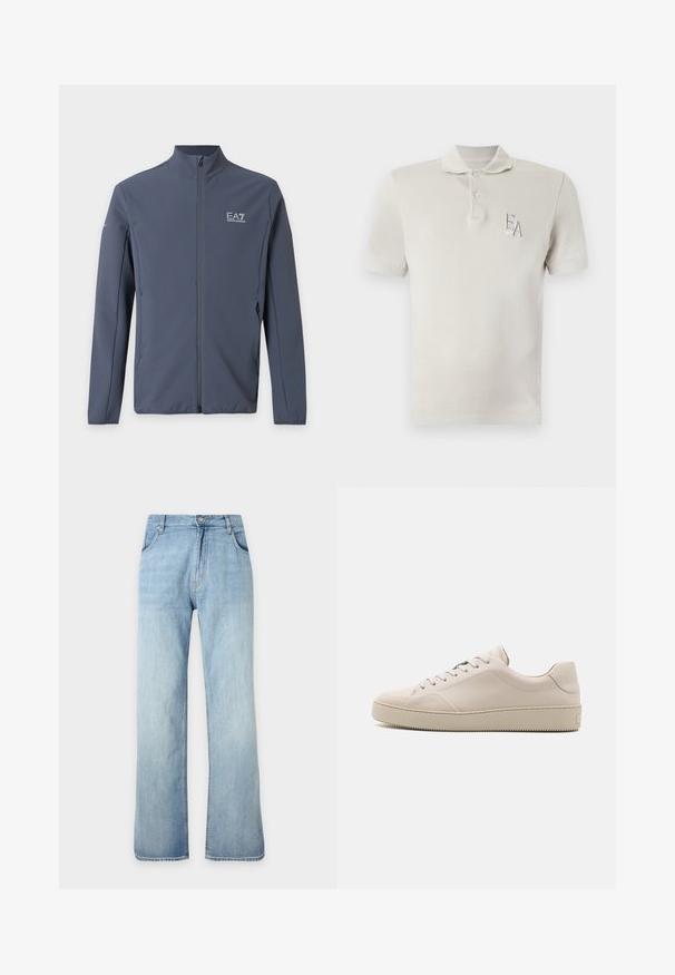 Veste zippée bleu foncé avec col montant et logo EA7 Emporio Armani sur la poitrine gauche et la manche gauche supérieure.; Polo à manches courtes beige clair avec deux boutons et logo brodé "EA" sur le côté gauche de la poitrine.; Jean denim bleu clair à coupe droite avec fermeture avant à boutons et zip, poches avant et passants de ceinture, présenté sur un fond uni.; Baskets en cuir beige avec une finition lisse, bout rond, semelle plate et design classique à lacets. Des accents de couture subtils et une semelle extérieure texturée.
