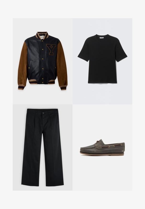 Veste varsity en cuir noir avec manches en suède marron, col et poignets côtelés rayés, boutons pression à l’avant et grande lettre Y sur la poitrine.; T-shirt noir à manches courtes avec col rond, portant une étiquette "WEEKDAY" à l'intérieur du col, présenté à plat sur un fond clair.; Pantalon noir droit avec fermeture à bouton et zip à l'avant, poches latérales et passants de ceinture sur un fond clair uni.; Bateau en cuir marron foncé avec un profil bas, comportant des œillets en laiton et des coutures contrastées, une semelle en caoutchouc plate et une finition texturée.