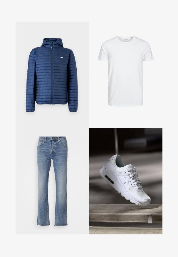 Marineblaue Steppjacke mit Kapuze, vorn mit Reißverschluss, gesteppter Optik, elastischen Bündchen und kleinem Logo auf der Brust.; Rundhals-T-Shirt mit kurzen Ärmeln in reinem Weiß, aus weicher Baumwolle, mit einem schlichten Design ohne sichtbare Muster oder Akzente.; Hellblaue Denim-Jeans mit geradem Bein, fünf Taschen und einem kleinen Metallknopf am Bund. Ausfransender Saum.; Weiße Nike Air Max 90 Sneaker mit einem Obermaterial aus Mesh und Leder, durchlässigem Zehenbereich und einer sichtbaren Air-Einheit in der Ferse.