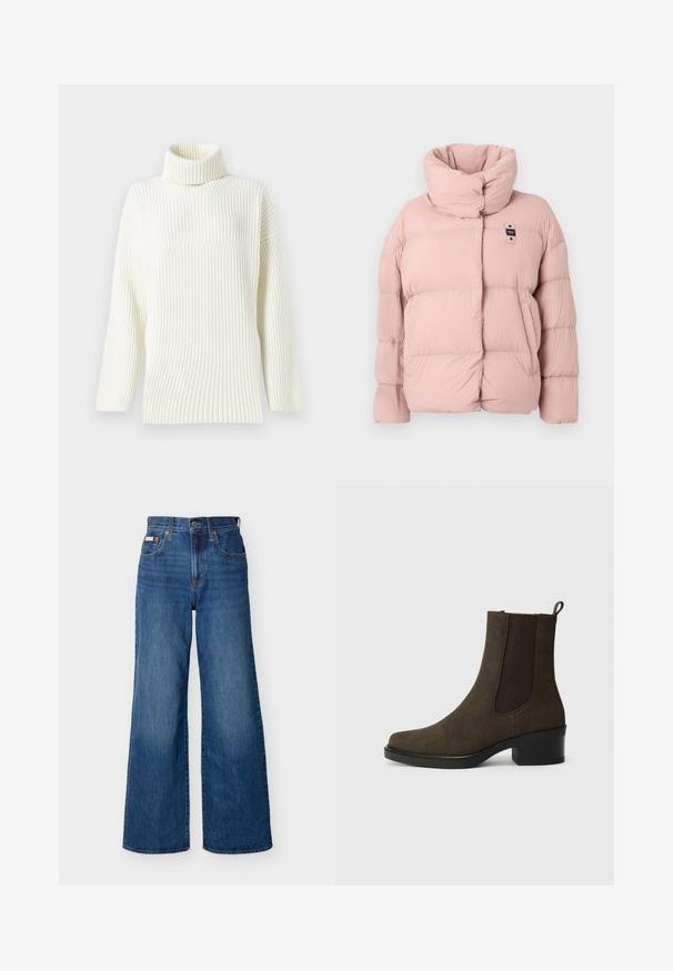 Lyserød puffjakke med høj krave, der har et quiltet design, store polstrede sektioner og et lille sort logo på forsiden.; Cremefarvet ribbet turtleneck trøje med lange ærmer og løs pasform. Den bløde tekstur og det sømløse design øger komforten.; Blå vidbenede denimjeans med højtaljede, forknapper, lynlås og fem-lomme-design mod en ensfarvet baggrund.; Brune ruskinds ankelstøvle med elastiske sider, rund tå, 4 cm blokhæl og en pull tab bagpå. Glat tekstur med syninger som pynt.
