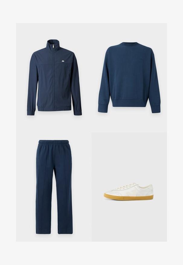 Tumesinist värvi kerge jope täispika eesrihma, kõrge krae, elastsete varrukate ja väikese valge logoga vasakul rinnal.; Tumedast sinine pikkade varrukatega crewneck-sviiter, millel on soonikkoes mansetid ja serv, ning mitte liiga silmatorkav tikandiga brändi logo vasakul rinnapool.; Tumedates sinised, elastse vööga püksid, millel on mugav lõige. Omavad vertikaalseid õmbluse üksikasju ja pehmet puuvilla tekstuuri.; Valge nahast tennisejalanõu siidise tekstuuriga, millel on beež 'V' logo, ümara ninaga, paelaga kinnitatav ja kummeeritud tald.