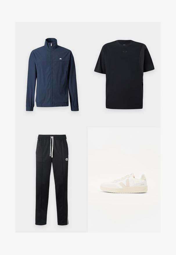 Marineblå letvægtsjakke med fuld frontlynlås, høj krave, elastiske manchetter og lille hvidt logo på venstre bryst.; Sort t-shirt med korte ærmer lavet af glat stof, med et asymmetrisk design og et lille logo på brystet.; Sorte atletiske bukser med hvid snor, sidelister, frontlommer og et lille hvidt Champion-logo på venstre lår.; Hvide sneakers med beige accenter, der har en tekstureret overdel, rund tå og en tykk gummisål. Designet inkluderer det ikoniske V-logo og branding.
