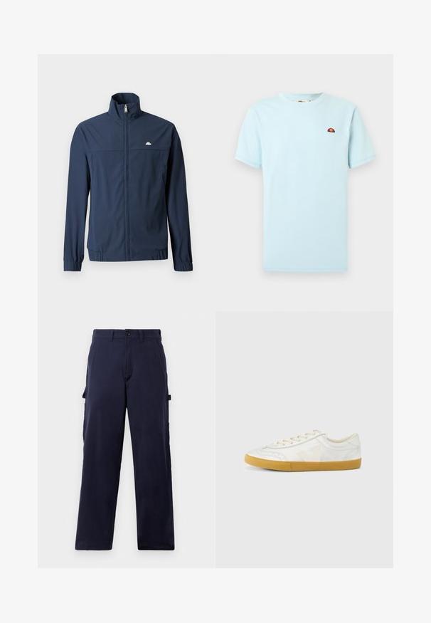 Marineblå letvægtsjakke med fuld frontlynlås, høj krave, elastiske manchetter og lille hvidt logo på venstre bryst.; Lyseblå T-shirt med rund hals og korte ærmer med lille rød og orange halvcirkel-logo på venstre bryst.; Mørkeblå straight-leg bukser med bæltestropper, front knappetryk og sidelommer til redskaber, præsenteret mod en hvid baggrund.; Hvid lædersneaker med en glat tekstur, med en beige 'V'-logo, rund tå, snørelukning og en sål af gumgummi.