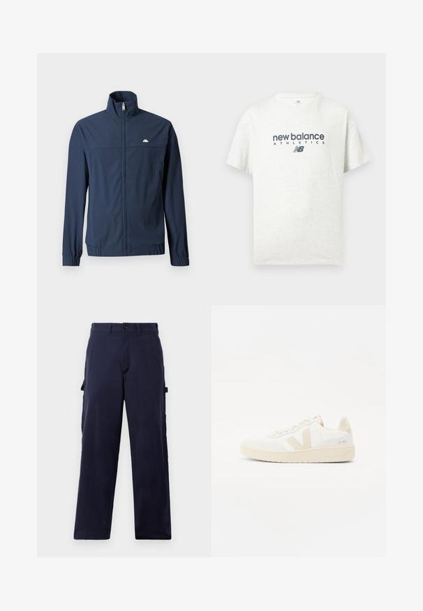 Chaqueta ligera azul marino con cremallera completa en el frente, cuello alto, puños elásticos y un pequeño logo blanco en el lado izquierdo del pecho.; Camiseta blanca de manga corta y cuello redondo con el texto "new balance ATHLETICS" y el logotipo "NB" impresos en azul oscuro en el centro delantero.; Pantalones rectos de color azul marino con pasadores para cinturón, cierre delantero con botón y bolsillos laterales para herramientas, exhibidos sobre un fondo blanco.; Zapatilla blanca con acentos beige, que presenta un upper texturizado, punta redonda y suela de goma gruesa. El diseño incluye el icónico logo V y marcas.