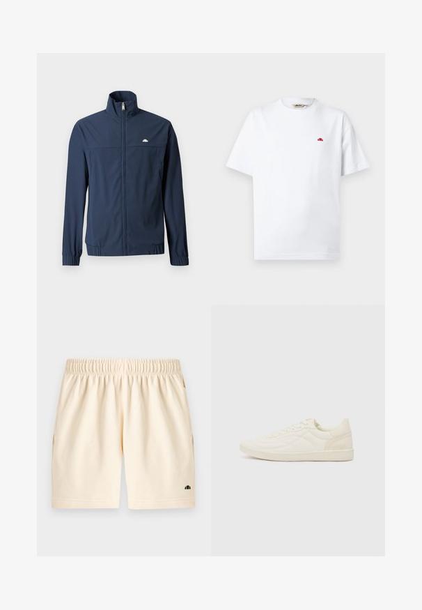 Veste légère bleu marine avec fermeture éclair intégrale à l'avant, col montant, poignets élastiques et petit logo blanc sur le côté gauche de la poitrine.; T-shirt blanc à manches courtes avec col rond, petit logo rouge sur le côté gauche de la poitrine et étiquette de la marque à l'intérieur du col.; Shorts de couleur crème avec ceinture élastique, poches latérales et un petit logo noir près de l'ourlet inférieur sur la jambe gauche.; ALDO THEPITCH - Baskets basses - white