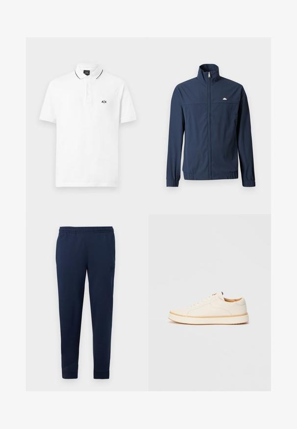 Veste légère bleu marine avec fermeture éclair intégrale à l'avant, col montant, poignets élastiques et petit logo blanc sur le côté gauche de la poitrine.; Polo shirt blanc en coton, doté d'une patte de boutonnage à trois boutons, de manches courtes et d'un logo noir brodé sur la poitrine gauche.; Pantalon de jogging bleu marine avec taille élastique et poignets aux chevilles, arborant un logo discret en patch sur la cuisse supérieure.; Baskets en cuir blanc avec un bout rond, design simple à lacets, semelle intérieure rembourrée et semelle en caoutchouc beige contrastante. Texture lisse sur l'ensemble.