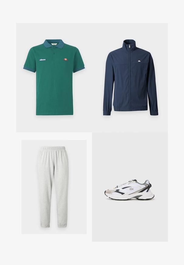 Marineblå letvægtsjakke med fuld frontlynlås, høj krave, elastiske manchetter og lille hvidt logo på venstre bryst.; Grøn polo shirt lavet af bomuld med en kontrasterende blå krave og manchetter. Har et broderet logo og et lille farverigt design på brystet.; Lysegrå, lange sweatpants med elastisk taljebånd og ankelmanchetter, vist på en ensfarvet lys baggrund.; Hvide sportsko med sølv- og sorte detaljer, mesh-overdel, struktureret sål og et strømlinet design med et logo på siden.