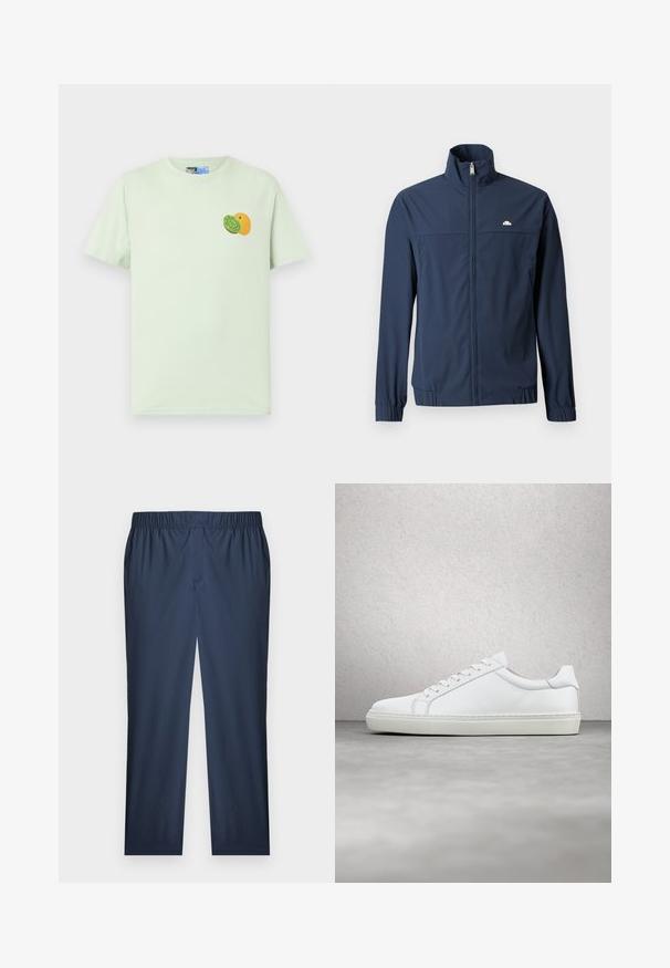 Veste légère bleu marine avec fermeture éclair intégrale à l'avant, col montant, poignets élastiques et petit logo blanc sur le côté gauche de la poitrine.; T-shirt vert clair à manches courtes avec un petit motif de kiwi et d'orange sur le côté gauche de la poitrine.; Pantalon à taille élastique bleu marine, coupe droite, en tissu légèrement texturé avec un devant plat.; Sneaker blanche avec une tige en cuir lisse et un profil bas. Présente un bout arrondi, six œillets et une semelle en caoutchouc texturé.