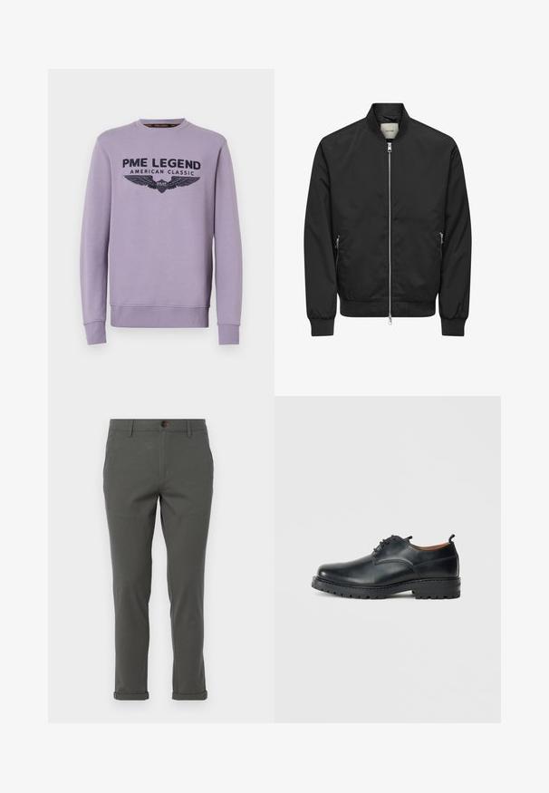 Schwarze Bomberjacke mit durchgehendem silberfarbenem Frontreißverschluss, zwei seitlichen Reißverschlusstaschen, gerippten Bündchen, Kragen und Bund.; Lila Crewneck-Sweatshirt aus weichem Stoff mit schwarzem Druck auf der Vorderseite "PME LEGEND AMERICAN CLASSIC" und Flügelgrafiken.; Graue Hose mit geradem Bein, aus leichtem Stoff gefertigt, mit umgeschlagenem Saum und einem einzigen Knopfverschluss vorne.; Schwarze Leder Derby-Schuhe mit glatter Textur, runder Zehenform, Schnürdesign und einer dicken, robusten Gummisohle.