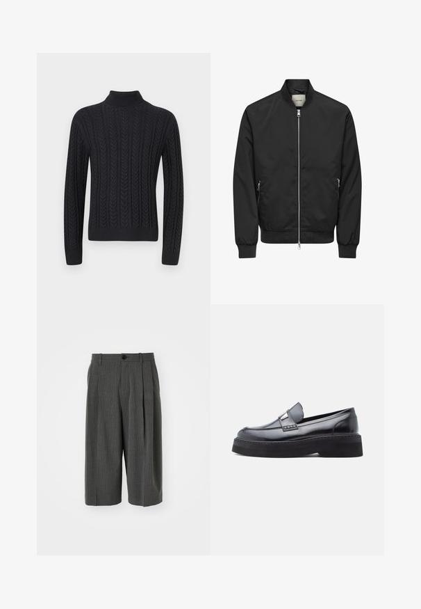 Sort bomberjakke med fuld sølv lynlås foran, to lynlåslommer i siden, ribbet manchetter, krave og linning.; Sort strikket turtleneck sweater med et tekstureret mønster af lodrette fletninger, ribbede manchetter og kant for en tætsiddende pasform.; Grå stribede shorts med vid benvidde, knaplukning og plisseret forside. Fremstillet af et tekstureret materiale, der har et skræddersyet design.; Sort laklæderloafer med rundet tå, dekorativ spænde detalje og en tyk sort platformsål, med glat og blank tekstur.