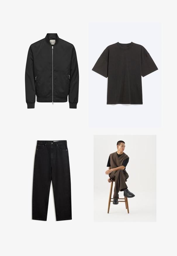 Blouson bomber noir avec fermeture éclair argentée sur toute la partie avant, deux poches latérales zippées, poignets, col et ceinture côtelés.; T-shirt noir oversize à manches courtes avec col rond, posé à plat sur un fond gris clair.; Pantalons en denim noir à coupe évasée. Comprend cinq poches, fermeture à bouton en métal et coutures contrastées. Texture lisse, design minimaliste.; Gilet en tricot marron sur un t-shirt noir, associé à un pantalon large marron et des chaussures noires à semelles épaisses, assis sur un tabouret en bois.