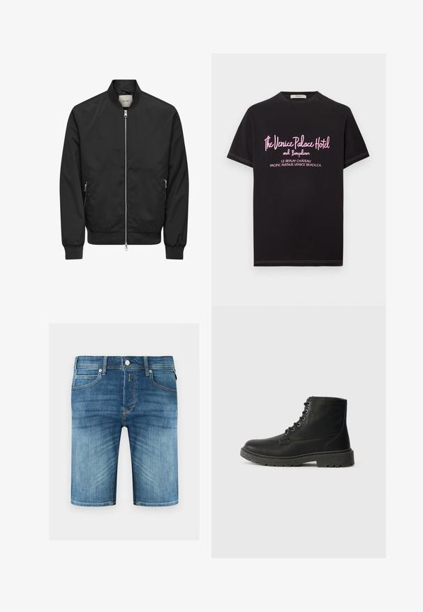 Blouson bomber noir avec fermeture éclair argentée sur toute la partie avant, deux poches latérales zippées, poignets, col et ceinture côtelés.; T-shirt noir à manches courtes avec un texte rose indiquant "L'Hôtel et Bungalows Venice Palace, Le Replay Château, Pacific Avenue, Venice Beach, CA."; Shorts en denim bleu pour homme avec bouton devant, fermeture éclair, passants de ceinture et détails délavés sur les cuisses et les poches.; Bottine noire en cuir avec un design à lacets, semelle en caoutchouc épaisse, finition texturée et couture renforcée. Présente un branding minimaliste.