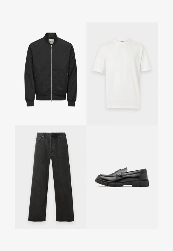Blouson bomber noir avec fermeture éclair argentée sur toute la partie avant, deux poches latérales zippées, poignets, col et ceinture côtelés.; T-shirt blanc uni à manches courtes et col rond côtelé, présenté sur un fond gris clair.; Jeans en denim noirs taille haute à coupe droite avec bouton à l'avant, fermeture éclair et design à cinq poches sur fond blanc.; Mocassin en cuir noir avec une large sangle sur le devant, semelle en caoutchouc à épaisse rainure, et texture lisse. Design classique et élégant.