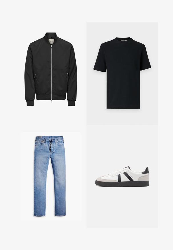 Schwarze Bomberjacke mit durchgehendem silberfarbenem Frontreißverschluss, zwei seitlichen Reißverschlusstaschen, gerippten Bündchen, Kragen und Bund.; Schwarzes, kurzärmeliges, geripptes Strick-T-Shirt mit Rundhalsausschnitt und einem kleinen, sichtbaren Etikett im Krageninnenteil.; Helle blaue Jeans mit geradem Bein, Fünf-Knopf-Verschluss, Gürtelschlaufen und dezentem Verblassen. Verfügt über zwei Fronttaschen und kupferfarbene Nieten.; Weiße Sneaker mit schwarz- und grau-aczenten, ausgestattet mit einer strukturierten grauen Zehenkappe, schwarzer Gummi-Sohle und flachen weißen Schnürsenkeln. Sauberes Design, minimalistische Stil.