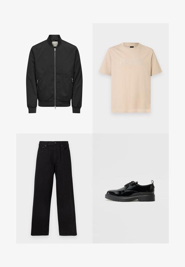 Blouson bomber noir avec fermeture éclair argentée sur toute la partie avant, deux poches latérales zippées, poignets, col et ceinture côtelés.; T-shirt beige à manches courtes et col rond avec le texte blanc "JACK & JONES PREMIUM EST. 1990" centré sur la poitrine.; Jean noir taille haute à jambes larges, avec bouton frontal, fermeture éclair, passants pour ceinture et cinq poches, présenté sur un fond uni.; Chaussure à lacets en cuir verni noir avec semelle en caoutchouc épaisse et tirant au talon, présentée depuis le côté intérieur sur un fond blanc.