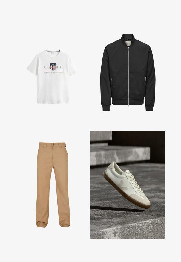 Blouson bomber noir avec fermeture éclair argentée sur toute la partie avant, deux poches latérales zippées, poignets, col et ceinture côtelés.; T-shirt blanc manches courtes col rond avec logo GANT, écusson rayé rouge et blanc, "1949" et texte "American Sportswear" sur le devant.; Chino en coton beige avec une coupe droite, fermeture à bouton et passants de ceinture. Texture lisse, avec de légères plis frontaux et des poches.; Baskets en cuir blanc avec semelle en caoutchouc beige, lacets plats et accent en forme de V sur le côté. Présentent une surface lisse et peu de détails de couture.