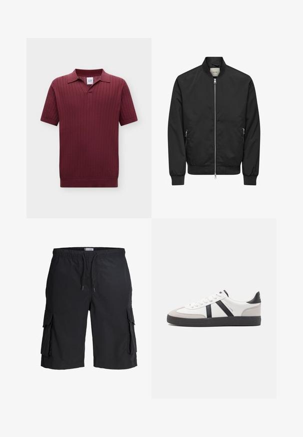 Blouson bomber noir avec fermeture éclair argentée sur toute la partie avant, deux poches latérales zippées, poignets, col et ceinture côtelés.; Polo en maille bordeaux à manches courtes avec côtes verticales et petit col pointu, présenté sur un fond uni clair.; Short cargo noir longueur genou avec taille élastique, cordon de serrage et grandes poches à rabat de chaque côté, posé à plat sur un fond blanc.; Baskets blanches avec des accents noirs et gris, présentant un embout texturé gris, une semelle en caoutchouc noir et des lacets plats blancs. Design épuré, style minimaliste.