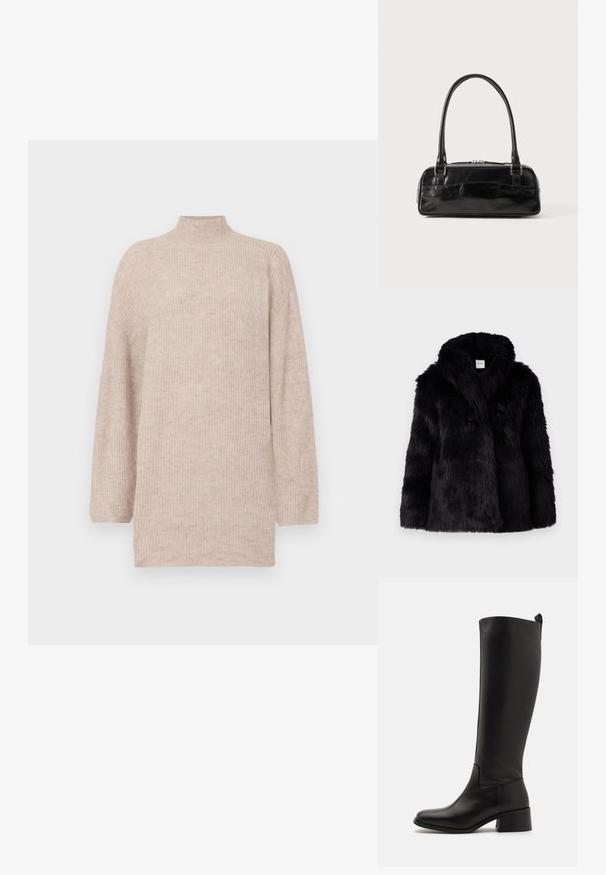 Sort faux fur jakke med en tekstureret overflade, der har en bred krave og åben front. Designet er afslappet fit, velegnet til lag-på-lag.; Beige højhalset sweater med faldende skuldre, lavet af ribbet strikmateriale. Løs pasform med lange ærmer og en blød tekstur.; Sorte knæhøje støvler lavet af glat læder med en blokhælfod, rund tå og et slankt, ubesmykket design.; Sort læderhåndtaske med rektangulær form, der har et enkelt struktureret håndtag, sølvhardware og lynlås-lukning. Glat tekstur.