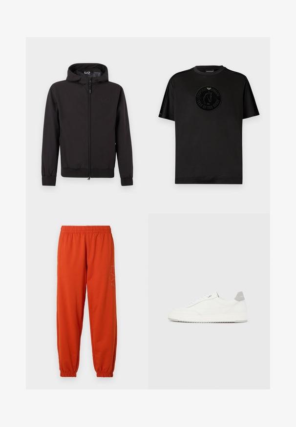 Zwart lichtgewicht jack met capuchon, voorzien van elastische manchetten en zoom, een rits over de hele lengte, en een subtiel logodetail op de borst.; Zwart T-shirt met korte mouwen van zachte stof, met een cirkelvormig reliëflogo met een paard en de tekst "Jaar van het Paard 2026."; Oranje sweatpants met een elastische tailleband en boorden. Beschikt over een bedrukte logo aan de zijkant. Gemaakt van een zachte, gestructureerde stof.; Witte lage sneaker met grijze hielpatch, witte veters en een gestructureerde zool, gepresenteerd op een effen lichte achtergrond.