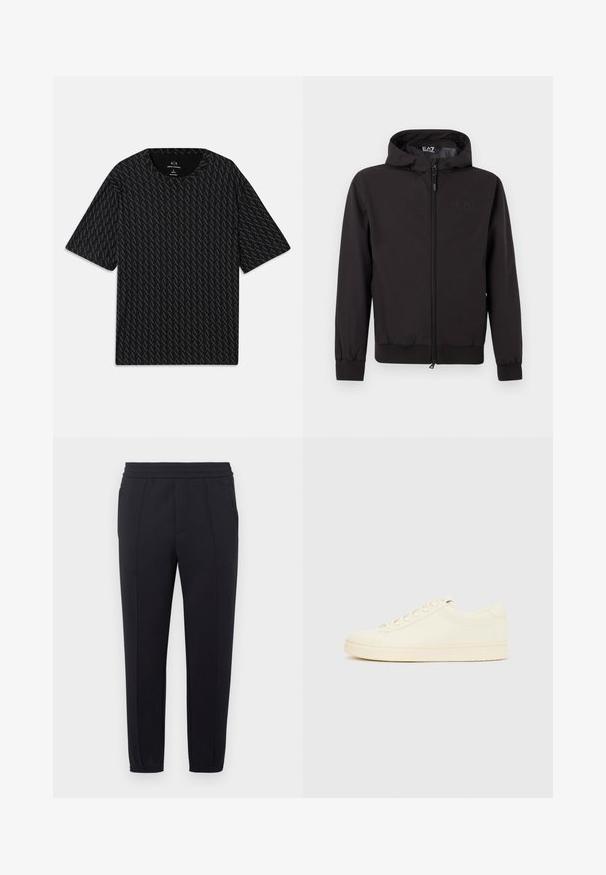 Veste légère noire avec capuche, dotée de poignets et d'un ourlet élastiques, d'une fermeture éclair intégrale et d'un détail de logo subtil sur la poitrine.; T-shirt noir avec un motif texturé de logos 'A' alternés, manches courtes et col rond. Fabriqué en tissu léger.; Pantalon de jogging noir avec une taille élastique, des jambes fuselées, des poches latérales et une texture de tissu lisse. Présente des détails cousus le long des coutures.; Baskets couleur crème avec une tige en cuir lisse, bout arrondi, laçage à l'avant et semelle en caoutchouc texturée. Design minimaliste, sans logo.