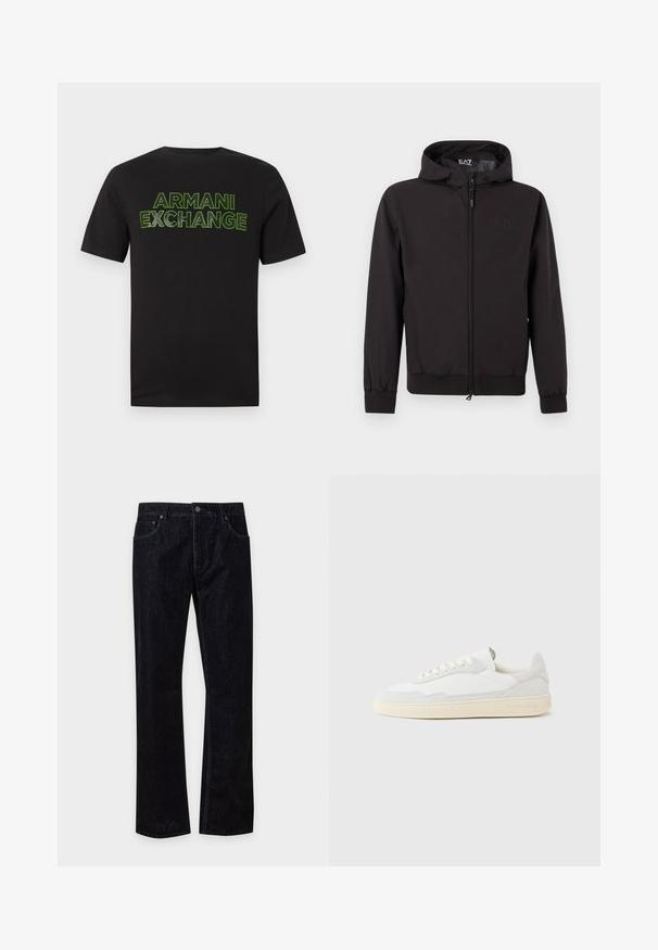 Veste légère noire avec capuche, dotée de poignets et d'un ourlet élastiques, d'une fermeture éclair intégrale et d'un détail de logo subtil sur la poitrine.; T-shirt noir à manches courtes avec le texte "ARMANI EXCHANGE" en contour vert néon sur la poitrine, sur un fond blanc uni.; Jean en denim noir à jambes droites, fermeture avant par bouton et zip, deux poches avant et passants pour ceinture sur fond uni.; Baskets blanches avec dessus en daim et cuir texturé. Caractérisées par un bout arrondi, une fermeture à lacets et une semelle en caoutchouc beige contrastante.