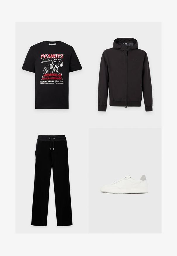 Veste légère noire avec capuche, dotée de poignets et d'un ourlet élastiques, d'une fermeture éclair intégrale et d'un détail de logo subtil sur la poitrine.; T-shirt noir avec Snoopy et Woodstock sur une niche rouge, tenant des boissons, avec le texte "PEANUTS Social Club Hanging Around Since 1950."; Pantalon noir droit avec taille élastique et cordon, fabriqué en tissu doux, présenté à plat sur un fond clair.; Baskets basses blanches avec un onglet de talon gris, des lacets blancs et une semelle texturée, présentées sur un fond uni clair.