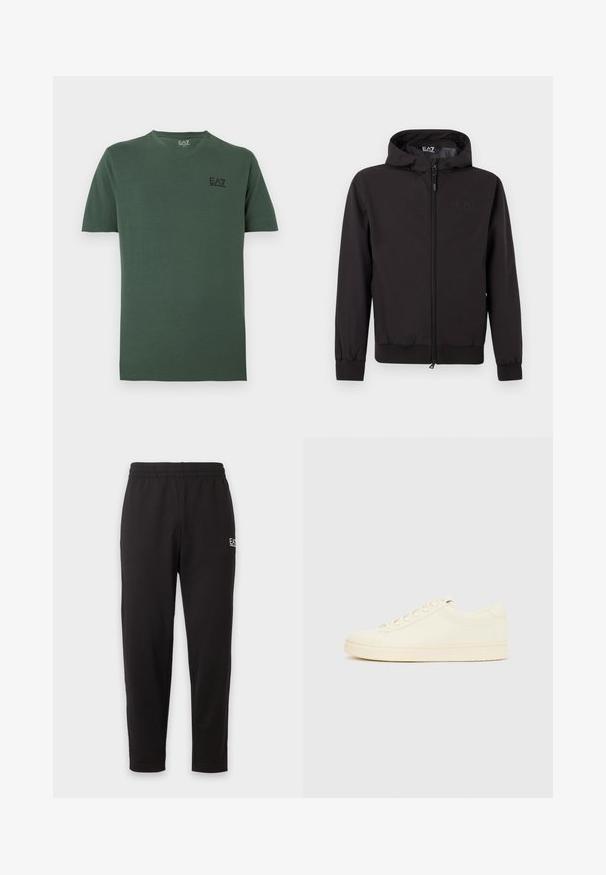 Veste légère noire avec capuche, dotée de poignets et d'un ourlet élastiques, d'une fermeture éclair intégrale et d'un détail de logo subtil sur la poitrine.; T-shirt manches courtes vert foncé à col en V avec petit logo noir EA7 Emporio Armani sur la poitrine gauche.; Pantalon de survêtement noir à taille élastique, jambes fuselées, avec un petit logo blanc sur la partie supérieure de la cuisse gauche.; Baskets couleur crème avec une tige en cuir lisse, bout arrondi, laçage à l'avant et semelle en caoutchouc texturée. Design minimaliste, sans logo.