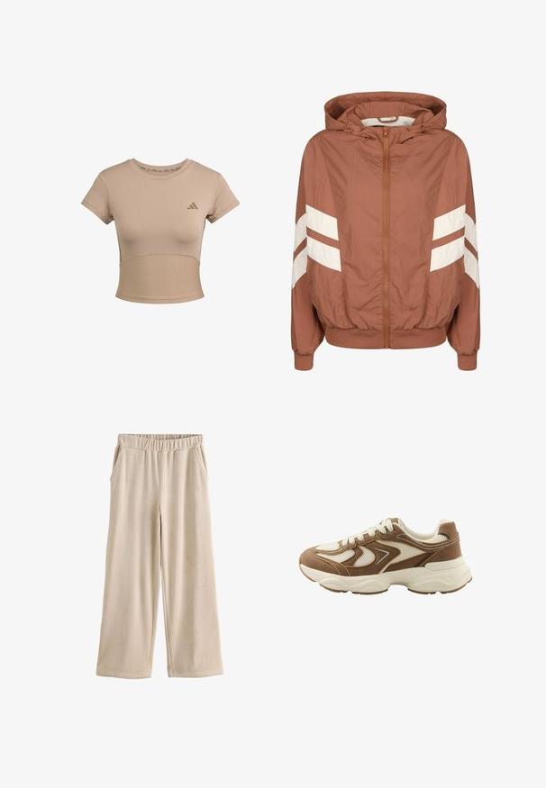 Brun hættejakke med hvide skrå striber på ærmerne, lynlås foran, elastiske manchetter og kant; lavet af letvægtsstof med en tekstureret overflade.; Beige sports cropped t-shirt med korte ærmer, ribbet nederste del og subtilt logo på brystet. Glat tekstur, tætsiddende design.; Beige bredbenede fløjlsbukser med elastik i taljen og sidelommer, vist fladt på hvid baggrund.; Brun og beige sneaker med mesh- og ruskindspaneler, hvide snørebånd og tyk hvid sål på ensfarvet baggrund.