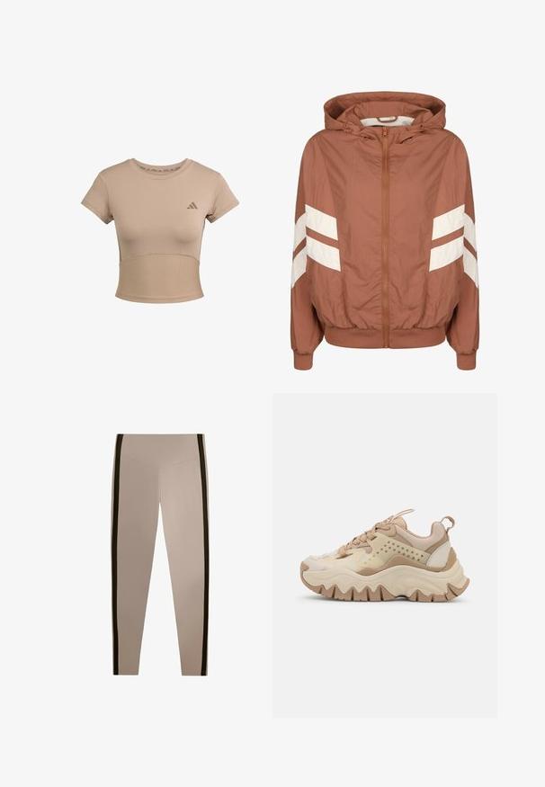 Brun hættejakke med hvide skrå striber på ærmerne, lynlås foran, elastiske manchetter og kant; lavet af letvægtsstof med en tekstureret overflade.; Beige sports cropped t-shirt med korte ærmer, ribbet nederste del og subtilt logo på brystet. Glat tekstur, tætsiddende design.; Beige tætsiddende bukser med sorte striber langs ydersiden af hvert ben, indsnævret ved anklen.; Beige og creme sneakers med en tekstureret overdel, perforerede sider og en bølget sål. Har snørebånd og en pull-tab på hælen.