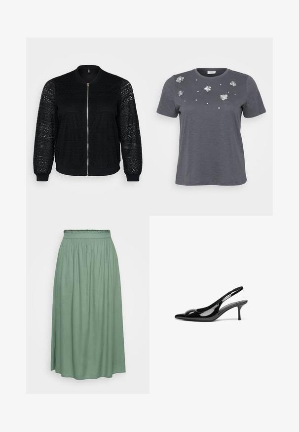 Sort bomberjakke med blonderdetaljer, lynlås, ribbet manchetter og kant, der har indviklede mønstre på ærmerne og frontpanelet.; Grå bomulds T-shirt med korte ærmer, prydet med metallic blomsterapplikationer og palietter arrangeret på forsiden. Blød tekstur, afslappet pasform.; Grøn midi-nederdel med en samlet elastisk talje, glat tekstur og flodende design, der har en let A-form og ingen mønstre.; Sorte laklæder slingback hæle med spidse tæer og en blank finish. Har en slank hæl og en rund detalje ved vampen.