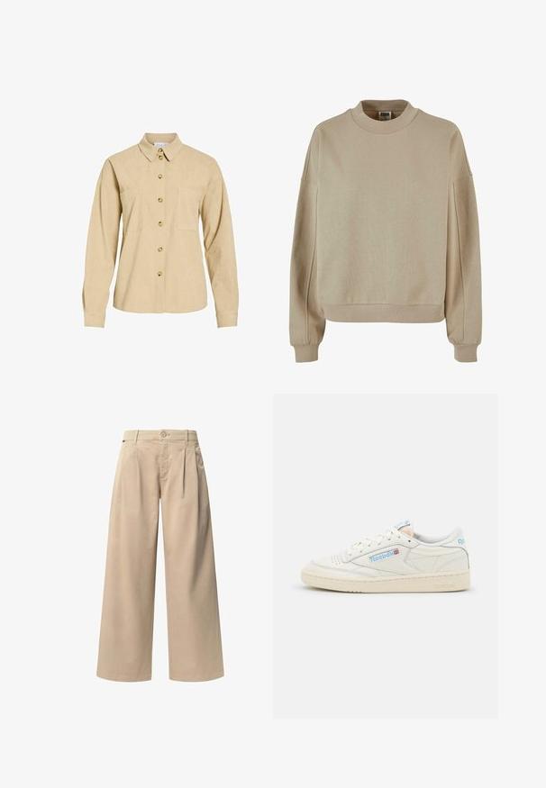 Beige fløjls-skjorte med knapper, lange ærmer, krave og to brystlommer.; Beige sweatshirt med høj krave, ribbede manchetter og afslappet pasform. Materialet ser blødt ud med en tekstureret overflade.; Beige brede bukser med to frontfolder, en knaplukning og en glat overflade. Designet til komfort og en løs pasform.; Reebok sneakers i off-white læder med lyseblå detaljer. Har perforeret tå, flade snørebånd og tekstureret gummisål.