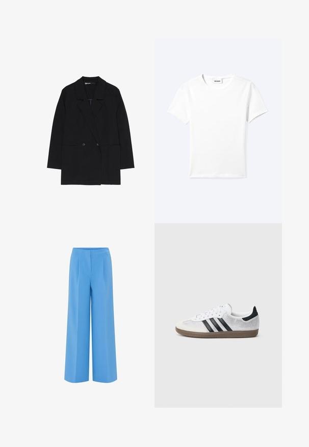 Zwarte blazer met lange mouwen en reverskraag, twee knopen aan de voorkant en twee grote zakken met opspelding aan de voorkant, weergegeven op een witte achtergrond.; Effen wit T-shirt met korte mouwen en ronde hals met een klein "WEEKDAY" label aan de binnenkant van de hals, plat neergelegd op een lichte achtergrond.; Lange broek met wijde pijpen in effen lichtblauw, gemaakt van een zachte stof. Heeft een hoge taille met plooien, wat zorgt voor een op maat gemaakte, moderne uitstraling.; Witte mesh sneaker met zwarte strepen, beige suède neuskapje en hielaccent, gestructureerde rubberen zool en witte veters. Klassiek ontwerp met lage schacht.