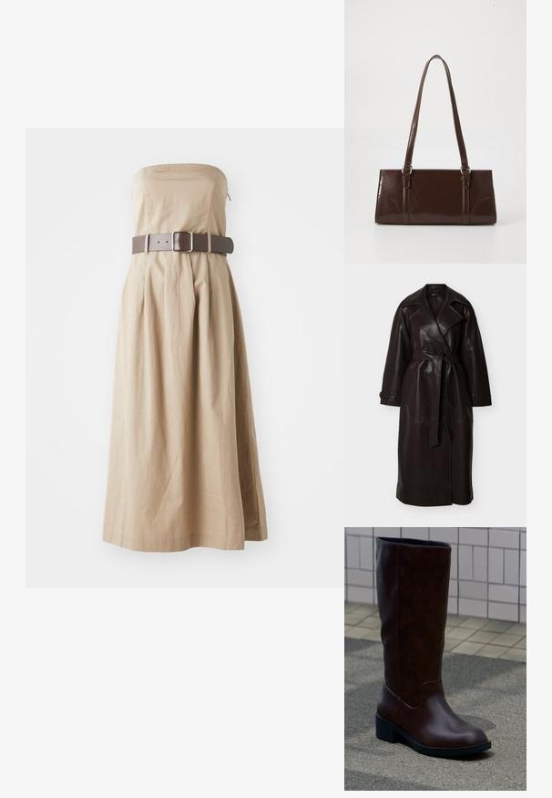 Pitkä, tummanruskea nahkainen trenssitakki, jossa leveät kaulukset, kaksiriviset napit, vyötäröllä vyö ja napilliset hihansuut.; Topless beige maksi-mekko, jossa on tiukka vartalo-osa, poimutettu hame ja leveä ruskea vyö, jossa on neliöpidike. Valmistettu kevyestä kankaasta.; Tummanruskea nahkainen sääreen ulottuva saapas, jossa pyöreä kärki ja matala paksupohjakorko, seisoo päällystetyllä jalkakäytävällä lähellä laatoitettua seinää.; Ruskea patentoitu nahkalaukku, jossa on suorakaiteen muotoinen malli, kaksi pitkää kantohihnaa ja hienovaraiset kaarevat yksityiskohdat etuosassa.
